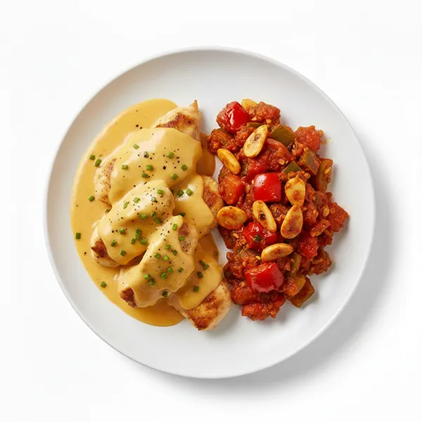 Creamed Cheddar Chicken with Roasted Romesco